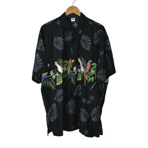 Rima Hawaiian Shirt Mens XL Caribbean Black Parrot Aloha Button Front Tropical